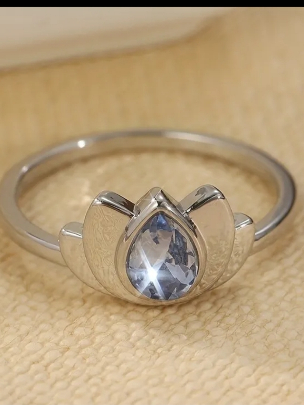 Boho Silvery Lotus Flower Ring Set | Blue Water Drop Crystal Size 8 - Picture 12 of 12